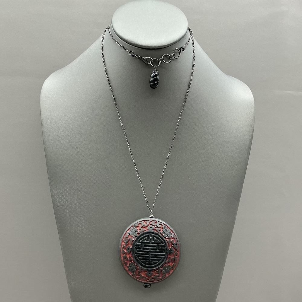 Necklace Black Red Carved Resin Round Pendant Ethnic‎ Womens Statement Jewelry